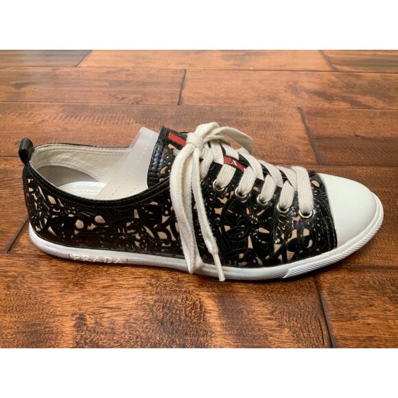 PRADA Black Floral Laser Cut Patent Leather Sneakers, Size 7 | 37 - Picture 1 of 11